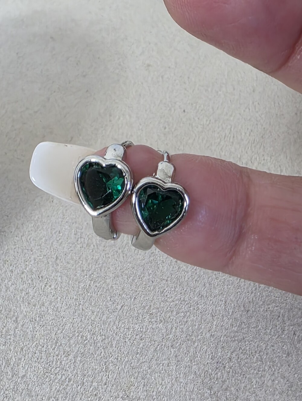 Small Huggie Hoop Earrings Emerald Green Hearts